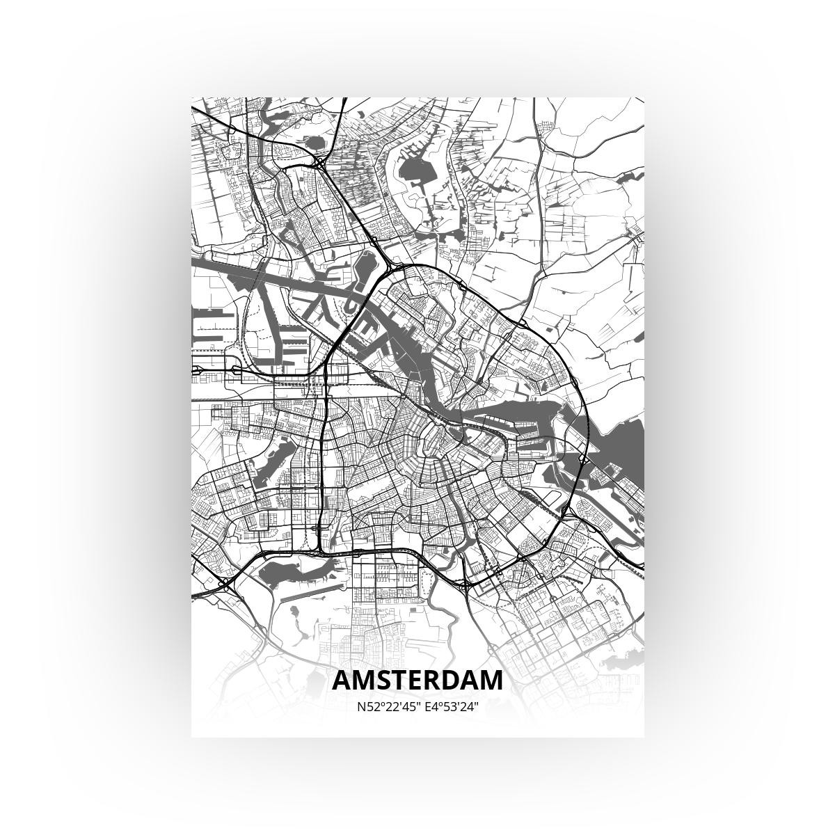 Poster Amsterdam Plattegrond - A2 - Zwart Wit stijl